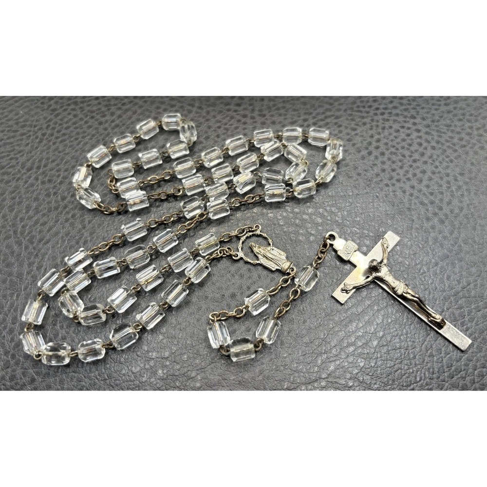 VTG Catholic Rosary Necklace Glass  Cut Crystal Beads Cross Crucifix Silver Tone